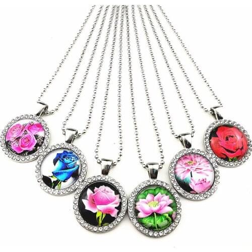 24pcs/lot Rose lotus 20mm dia round rhinestone cabochon pendant Ancient silver necklace jewelry for women girl party gift