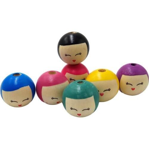 25mm Wooden Round Beads Hand-Painted Little Girl Cartoon Smile Doll Round Spacer Beads DIY Beaded Necklace Key Ring Accessories