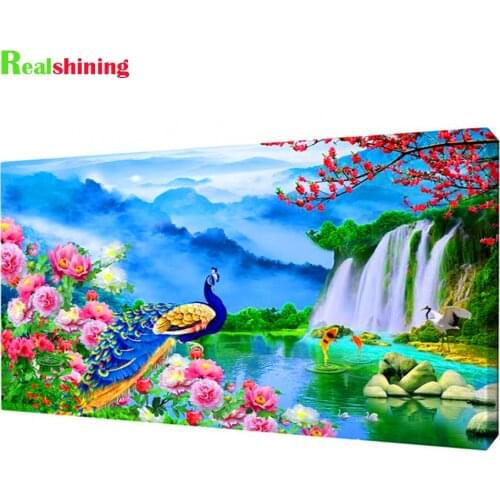 5d diy diamond embroidery Peony Peacock full square round drill diamond painting Waterfalls natural Landscape mosaic kit N2281
