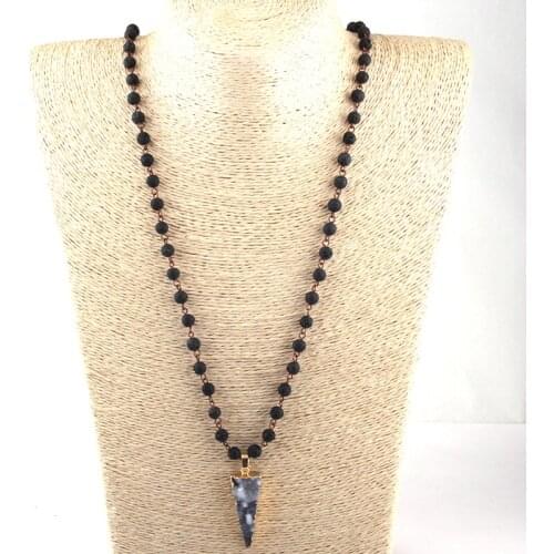 Free Shipping Fashion Bohemian Tribal Jewelry 6mm Semi Precious Rosary Chain Natural Druzy Arrowhead Pendant Ethnic Necklace