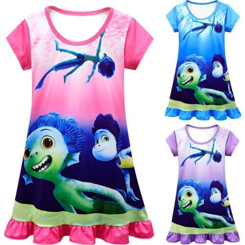 Girls Night Dress Childrens Pajamas Sleepwear Dresses Nightgown Summer Kids Short Sleeves Cartoon Dress with Rufflesn Skirt