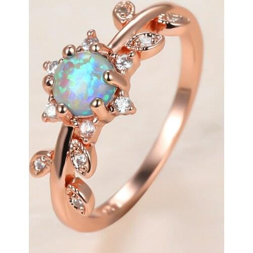 Dainty Female White Round Opal Ring Charm Rose Gold Color Thin Wedding Rings For Women Luxury Bride Crystal Leaf Engagement Ring