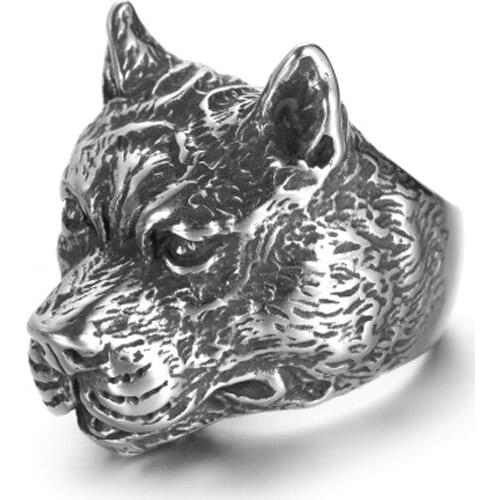 New 316L Stainless Steel Titanium Viking Animal Pit Bull Dog Ring Men Personality Unique Mens Amulet Jewelry Wholesale