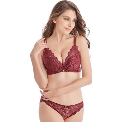 Sanderala Sexy Lace Underwear Women Deep V Sets Lingerie Solid Set Wire Free Brassieres Bra & Briefs Sets 3/4 Cups Lingerie