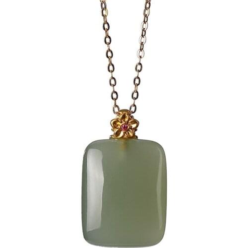 999 pure gold inlaid natural Hetian gray jade pendant retro national trend plum blossom lucky pendant womens pure gold pendant