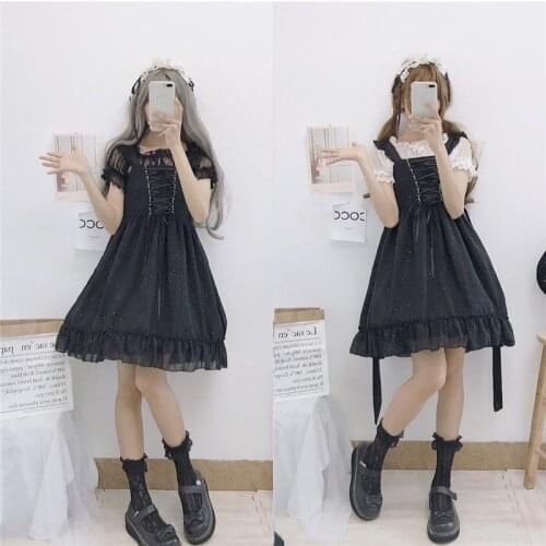 Shiny Dots Cute Girls Black Suspender Dress Lolita JSK & Lace Inner Shirt Transparent Short Sleeve Summer 2pcs Set