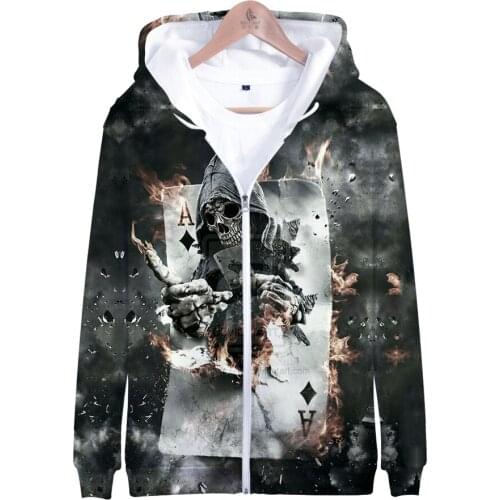 Loose 3D Printed Skull Zipper Hoodies Men 2019 Fashion Skull Hoodie Sweatshirt Hip Hop 3D Zipper Sweatshirt Teenage Clothes