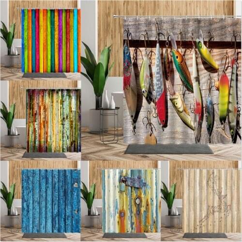 Used Fish Lures On Old Wooden Fence Shower Curtain For Bathroom Waterproof Wood Stripe Cloth Originality Bath Curtains Decor Set