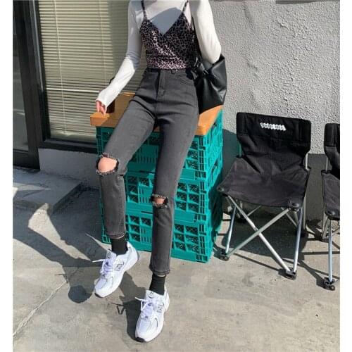 Ripped jeans new smoky gray slim high waist nine-point all-match tight-fitting pants