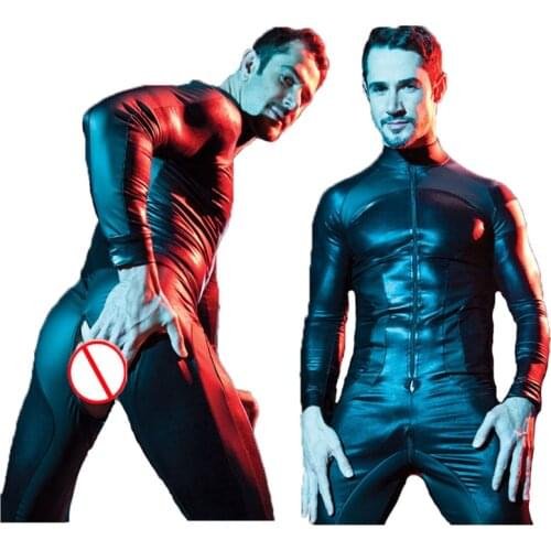 Sexy Lingerie Men Bodysuit Jumpsuit Patent Leather Front Zipper Open Crotch Erotic Nightclub Bar Stage Clubwear Costume