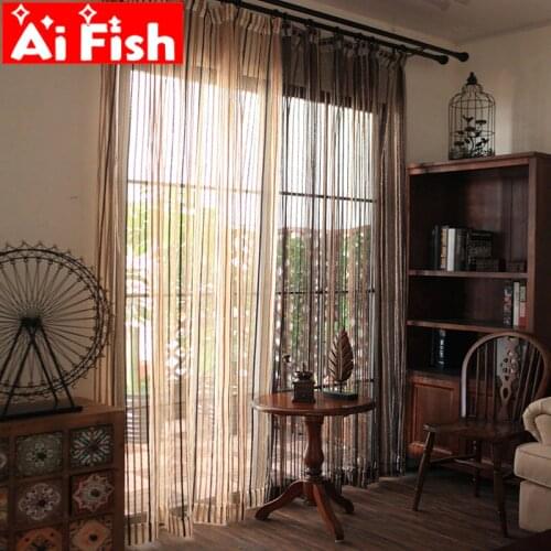 Modern Window Treatments Curtain kitchen Yarn Coffee-black Stripes Semi-transparent Living Room Partition Screens Tulle MY137-40