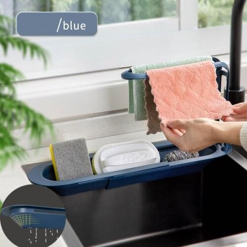 Telescopic Sink Shelf Multifunction Kitchen Sink Organizer Soap Sponge Holder Sink Drain Rack Towel Bar Bathroom Storage Basket