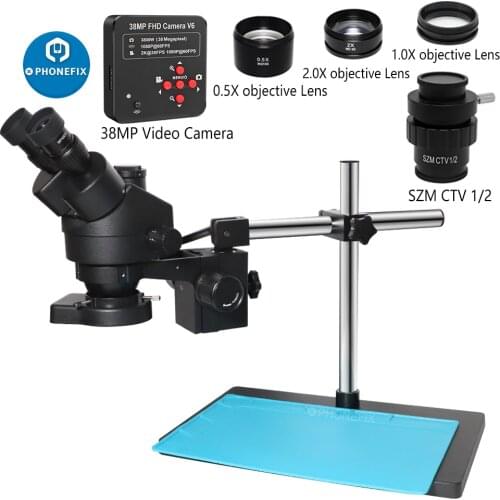 Trinocular Stereo Microscope with Simul-Focal Continuous Zoom 3.5X-90X Magnification + Camera Double Arm Stand 0.5X 2.0X Lens