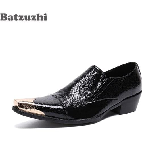 Batzuzhi 6CM High Heels Black Business Leather Men Shoes Pointed Metal Toe Genuine Leather zapatos de hombre, Big Size US6-12