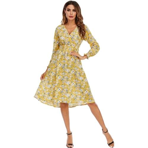 Vintage Floral Printing Chiffon Dress Summer Women Long Sleeved Dress Retro Casual Slim Dresses