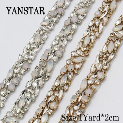 YANSTAR 1YARD Wholesale Gold Crystal Rhinestone With opal For Wedding Sash Clear Silver Crystal Rhinestone Applique YS920