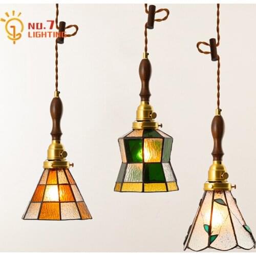 Japanese Retro Vintage Brass Glass Pendant Lights Art Decor Home Wood Hanging Lamp Dining Room Bedroom Bedside Study Kitchen Bar