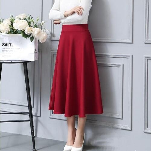Women Casual Skirts Lady Solid A-Line Elastic Waist High Quality Skirts 2019 Fashion Female Autumn Empire Knee Length Skirts