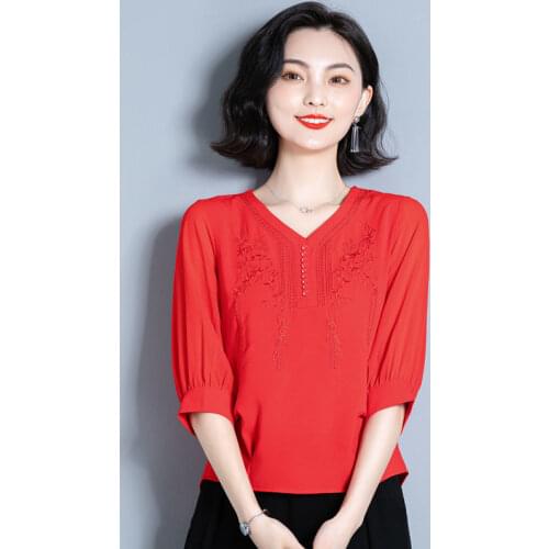 Womens Spring Autumn Style Chiffon Blouses Shirt Womens Embroidery V-Neck Solid Color Casual Loose Tops DD9106