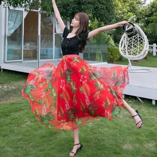 2021 Summer Ladies Bohemian Chiffon Half-length Skirt Romantic Floral Skirt Holiday Style Beach Skirt High-waisted skirt L1195