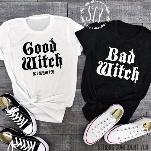 Femme Casual Female Best Friend Halloween Tops Tees Bad Witch Good Witch Couple T-Shirts H Letter Printed Top Tee Shirt