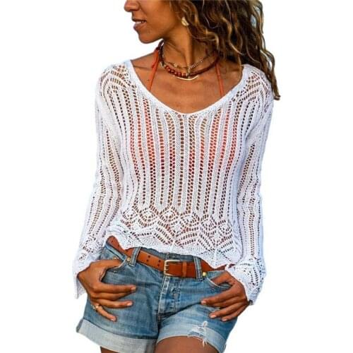 Fashion Women Hollow out Lace Sweater Elegant Long Sleeve Knit Pullover Top Ladies Boho Beach Knitwear truien dames Streetwear