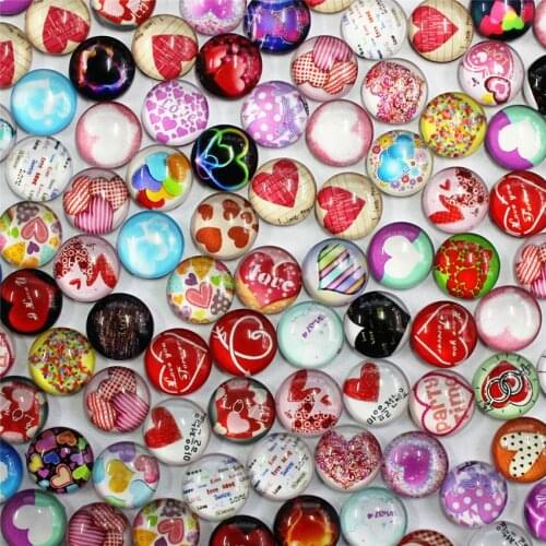 12mm Random Mixed Style Round Love Heart Glass Cabochon Flatback Photo Dome Jewelry DIY Accessories 50pcs/lot K06041