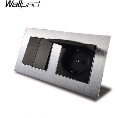 2 Gang Switch and EU Outlet Socket with Claws Back Wallpad 156*86mm Satin Metal Panel EU Socket with cap and 2 Way Switch EU