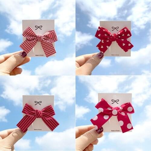 2PCS Small Plaid Bow Children Side Hairpin Wave point Stripe Bright Red Girl Duck Hair Clips Childrens series Hair Accessories