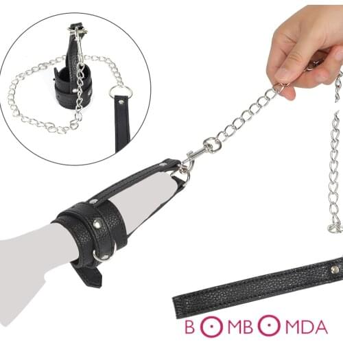 BDSM Adult Games Leather Penis Sleeve Ring Metal Traction Chain For Penis Fetish Erotic Toys Bondage Cosplay Sex Toys For Couple