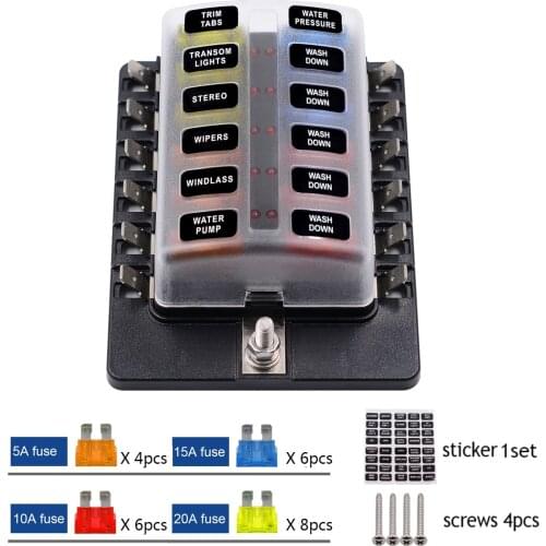 6/8/10/12 Ways Blade Fuse Holder Block Car Boat Marine Fuse Box Holder + LED Indicator 12V~24V Power Distribution Panel Board