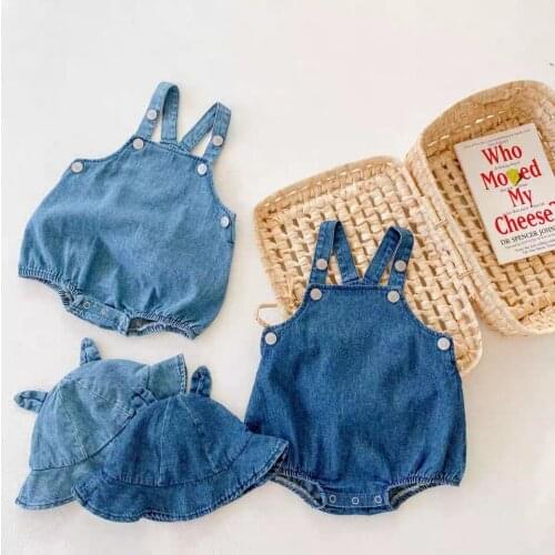 Lovely Toddler Kids Denim Strap Romper Sets Spring Summer Fall Soft Cotton Playsuits+Cute Cap Newborn Baby 2Pcs Cotton Clothing