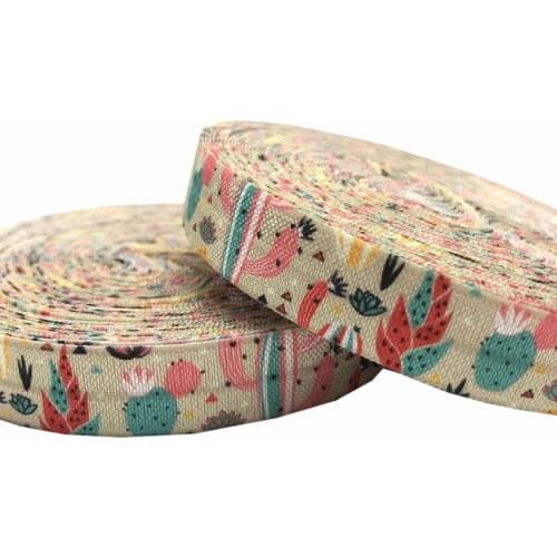 10y 15mm Cactus Lotu Flowers Printed Fold Over Elastic DIY Head Wear FOE Ribbon for Girls Bracelet Sewing Decoration Accessoise