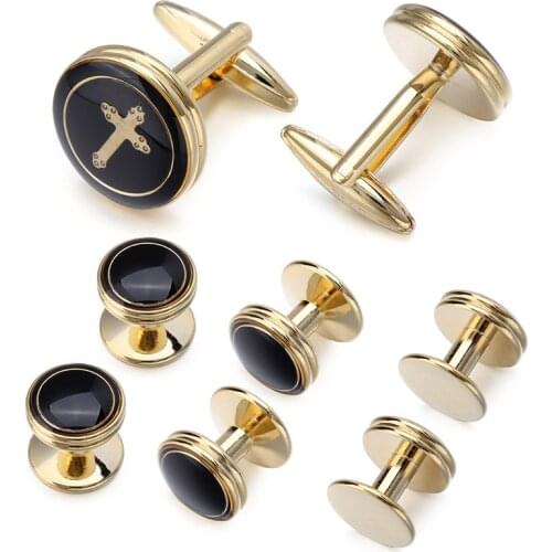 HAWSON Tuxedo 6 Studs Cufflinks Set Golden Color Round Enamel Cross Cuff Links Men Jewelry Wedding Gift with Boxes