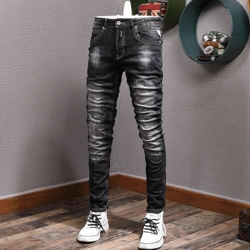 Italian Vintage Fashion Men Jeans High Quality Retro Black Gray Elastic Slim Fit Ripped Jeans Men Korean Casual Denim Pants