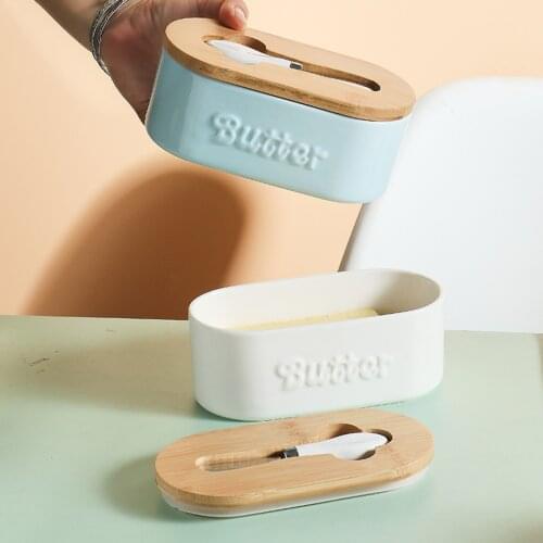 Ceramic Butter Box with Wooden Lid Knife Silicone Seal Non-slip Bottom Container Food Preservation Box