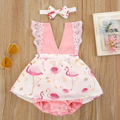 Toddler Romper Baby Girls Outfit Suit Infant Flamingo Printing Bodysuits Dress Lace Fly Sleeve Jumpsuits +Bow Headwear Clothes