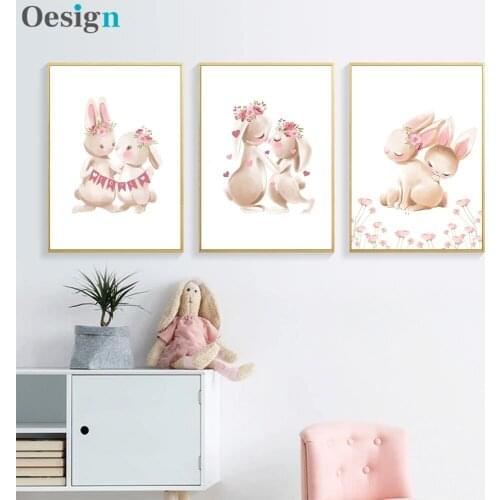 Bunny Poster Paintings Animal Nursery Wall Art Print Rabbit Canvas Painting Flower Nordic Wall Picture Girl Baby Room Decoration