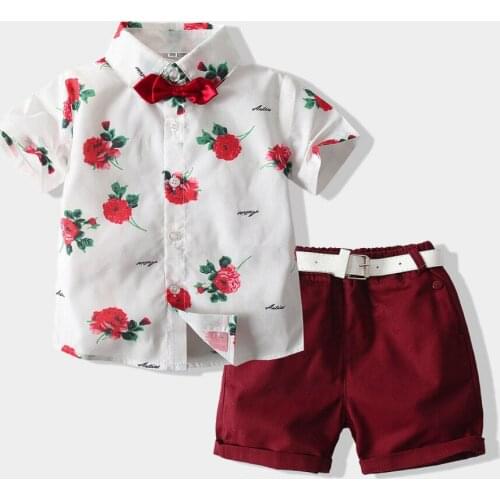 New Baby Girls Boys Sets For Summer Children Rose Print Shirts and Red Shorts Pant 2pcs Kids Suit Fashion 1-7T Children Clothes