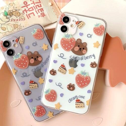 Brown Bear Strawberry Cute Silicone Soft Case for IPhone 12 Pro Max 11ProMax Case for 11 X XR XS Max 7 8 Plus Transparent 12mini