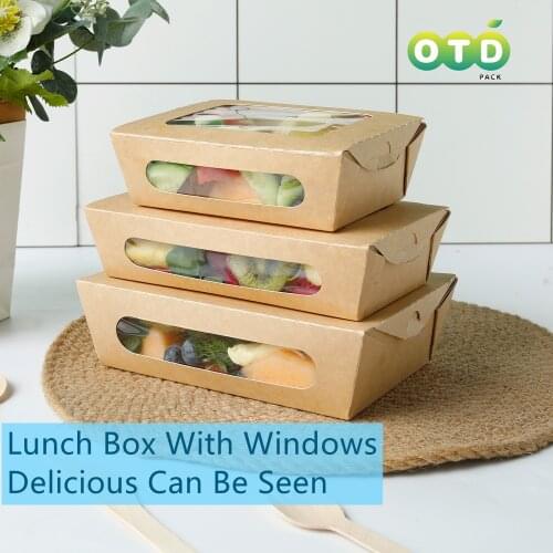 20pcs kraft Disposable Meal Box High-end With 2 Transparent Window Salad Sushi Packaging Takeout Brown Kraft Box Outdoor Picnic