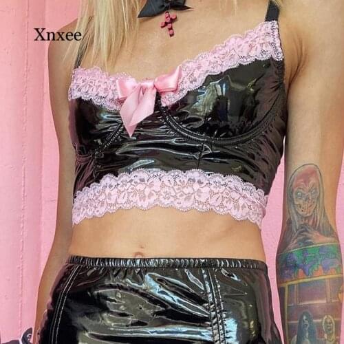 Pink Lace Faux Leather Pu Crop Top Harajuku Punk Sleeveless Y2K Cami Top Skirt Set Summer Bow Sexy Spaghetti Strap Tops Suit