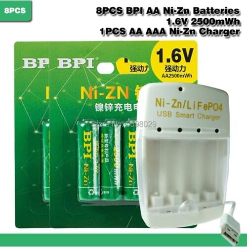 High quality 8Pcs NiZn Ni-Zn 1.6V AA 2500mWh Rechargeable Battery + LiPO4 Ni-Zn AA AAA USB Smart charger