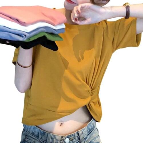 New Women T-shirt Short Sleeve Knotted Solid Round Neck Loose Leisure High Waist Short Tops Woman Fashion Casual Clothing Tee