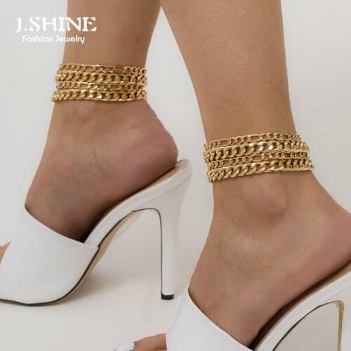 J.Shine 4Pcs/Set Miami Layered Curb Aluminium Chain Anklets On Foot Barefoot Sandals Women Summer Beach Ankle Bracelet Jewelry