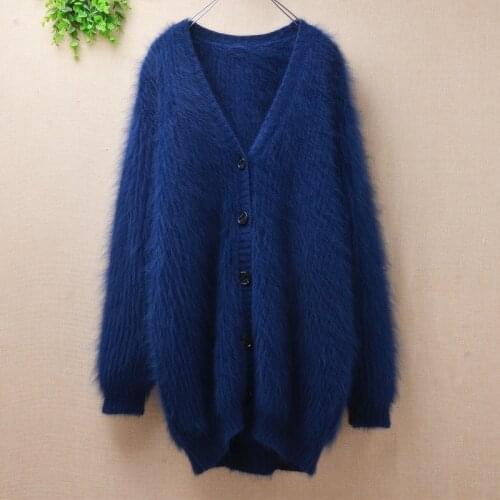 Top mujer women fashion hairy mink cashmere knitted deep v-neck long sleeves cardigans button angora rabbit hair jacket coat