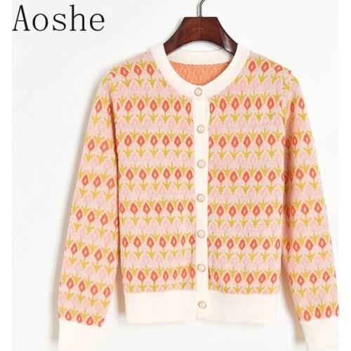 Floral Jacquard Cardigan Women Wool Bend Sweater 2020 Autumn Round Neck Coat Pearl Single Breasted Cardigan Sweet Knitwear