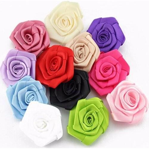 120pcs/lot 1.9" 12colors Hair Clips Mini Satin Ribbon Rose Flowers For Girls Hair Accessories Fabric Flowers For DIY Headbands