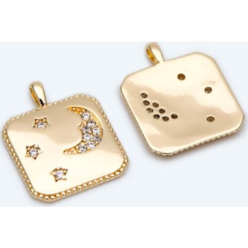 4pcs CZ Paved Gold Square Charms, Moon and Star Charm, Geometric Pendant, Square Pendant (GB-2239)