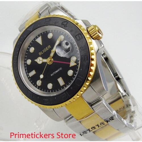 40mm bliger black dial sapphire glass ceramic bezel GMT date automatic men watch red GTM pointer